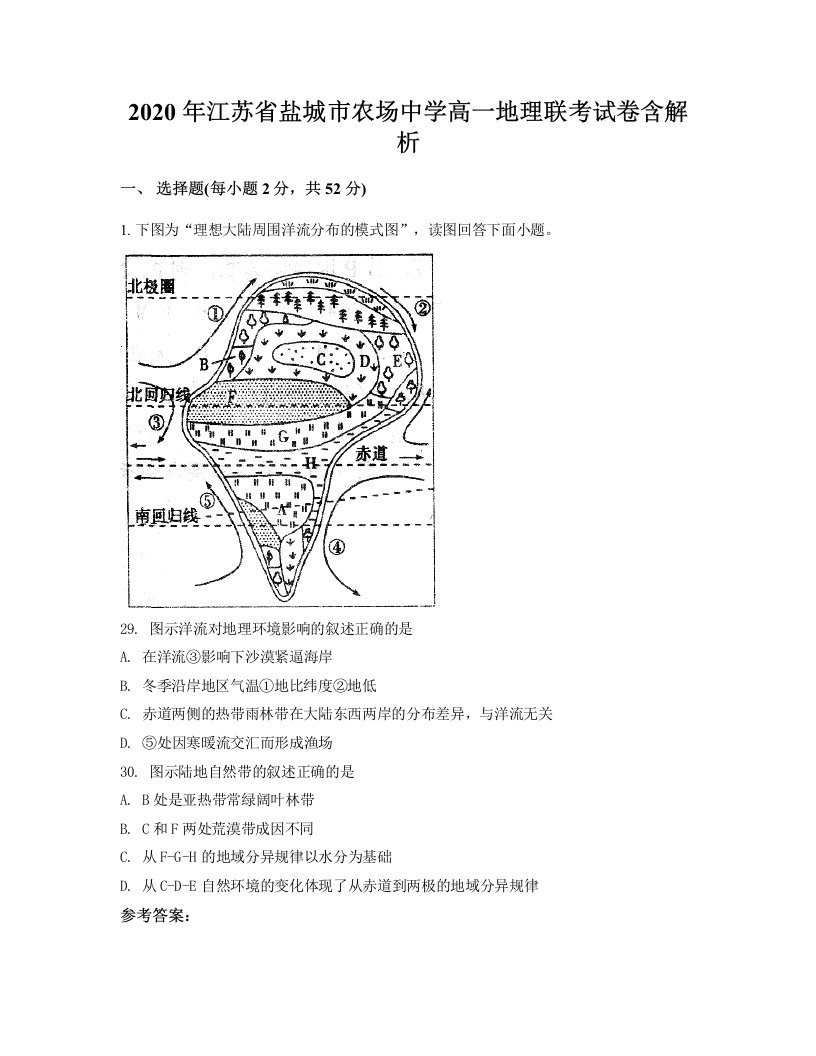 2020年江苏省盐城市农场中学高一地理联考试卷含解析