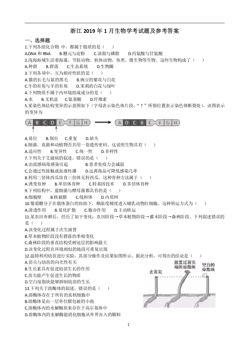 2019年1月浙江省学考生物试题及答案-(2)(word文档良心出品)