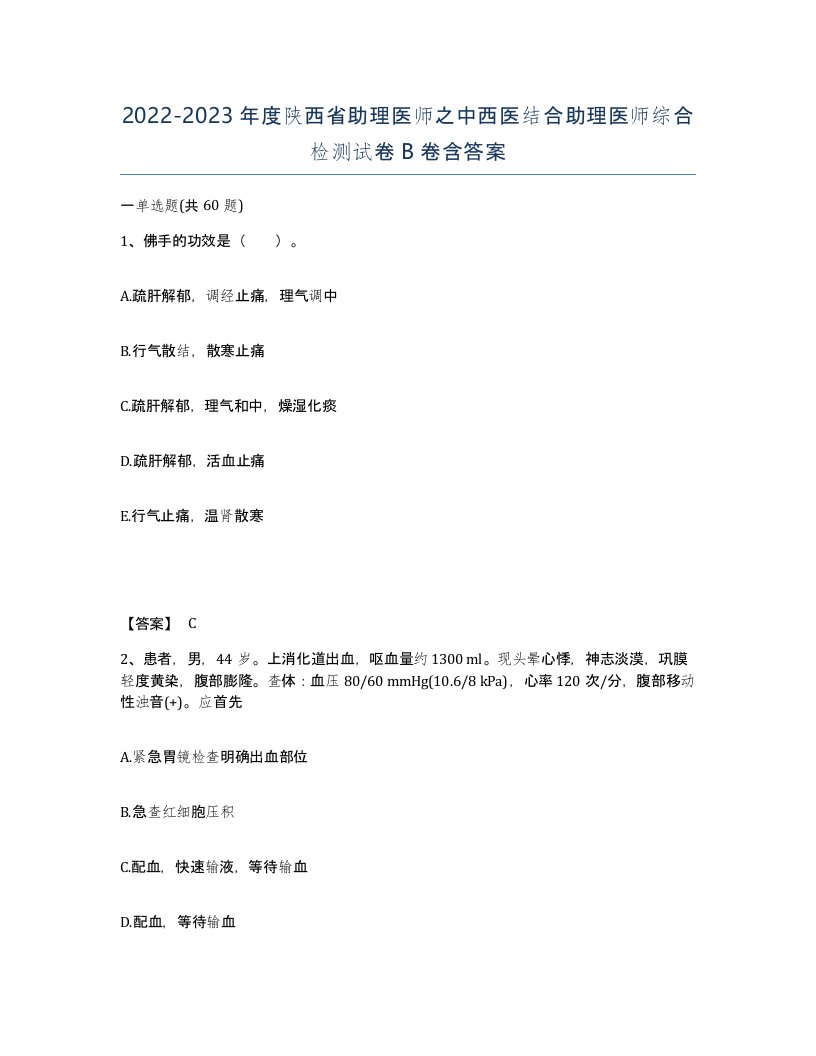 2022-2023年度陕西省助理医师之中西医结合助理医师综合检测试卷B卷含答案