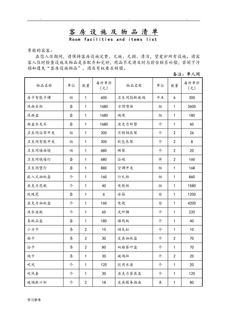 房间内物品清单