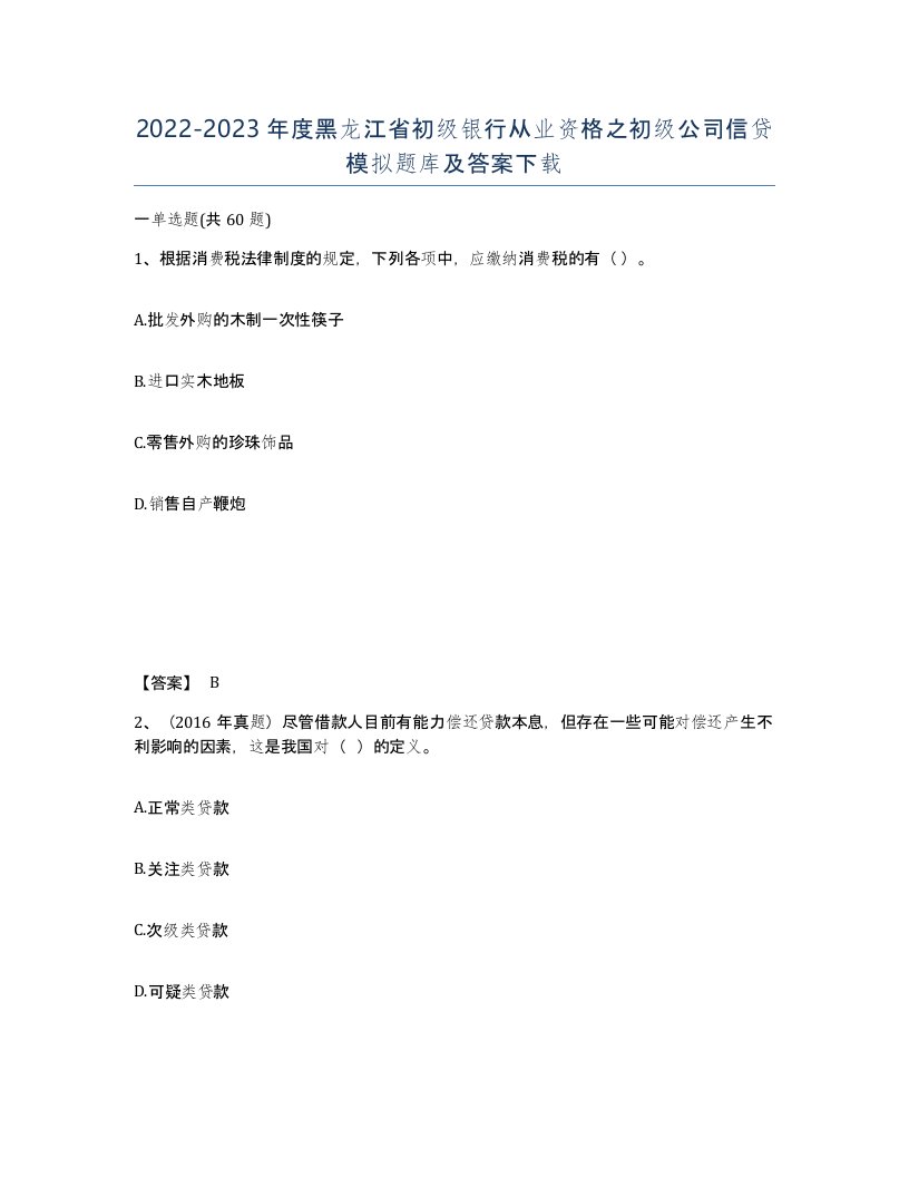 2022-2023年度黑龙江省初级银行从业资格之初级公司信贷模拟题库及答案