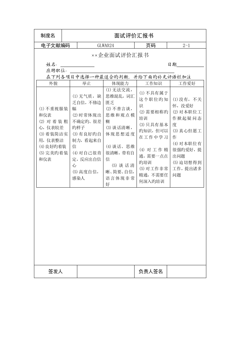 2023年国际化企业通用管理文案面试评价报告书