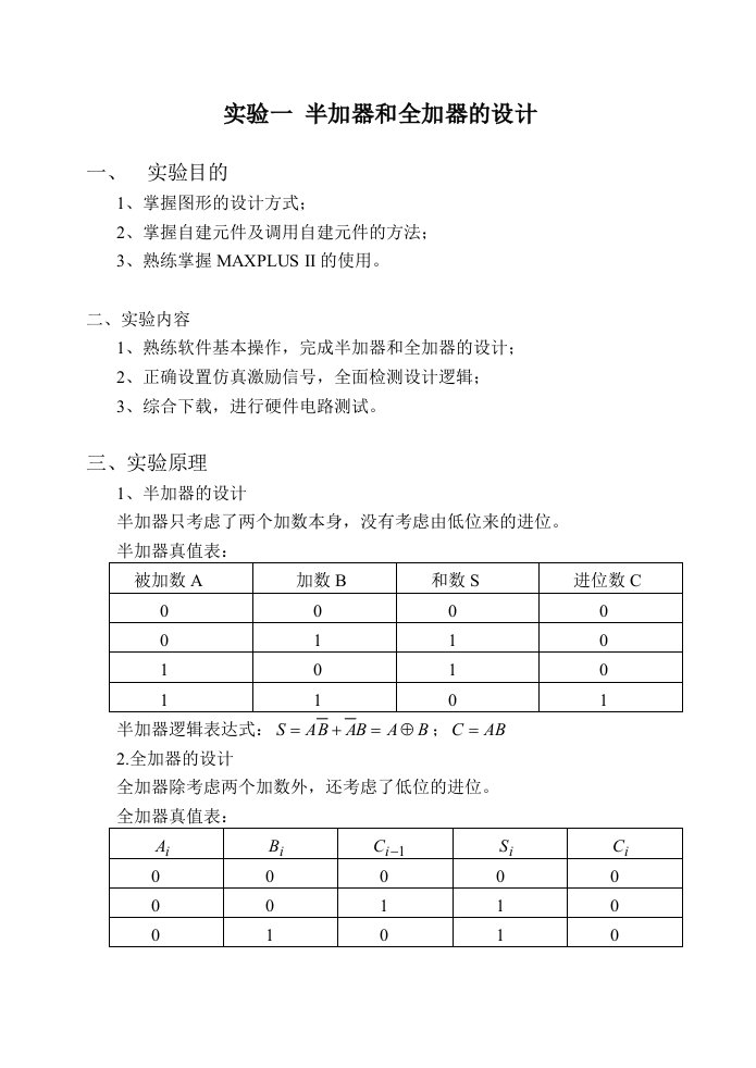 VHDL实验半加器等等指导书