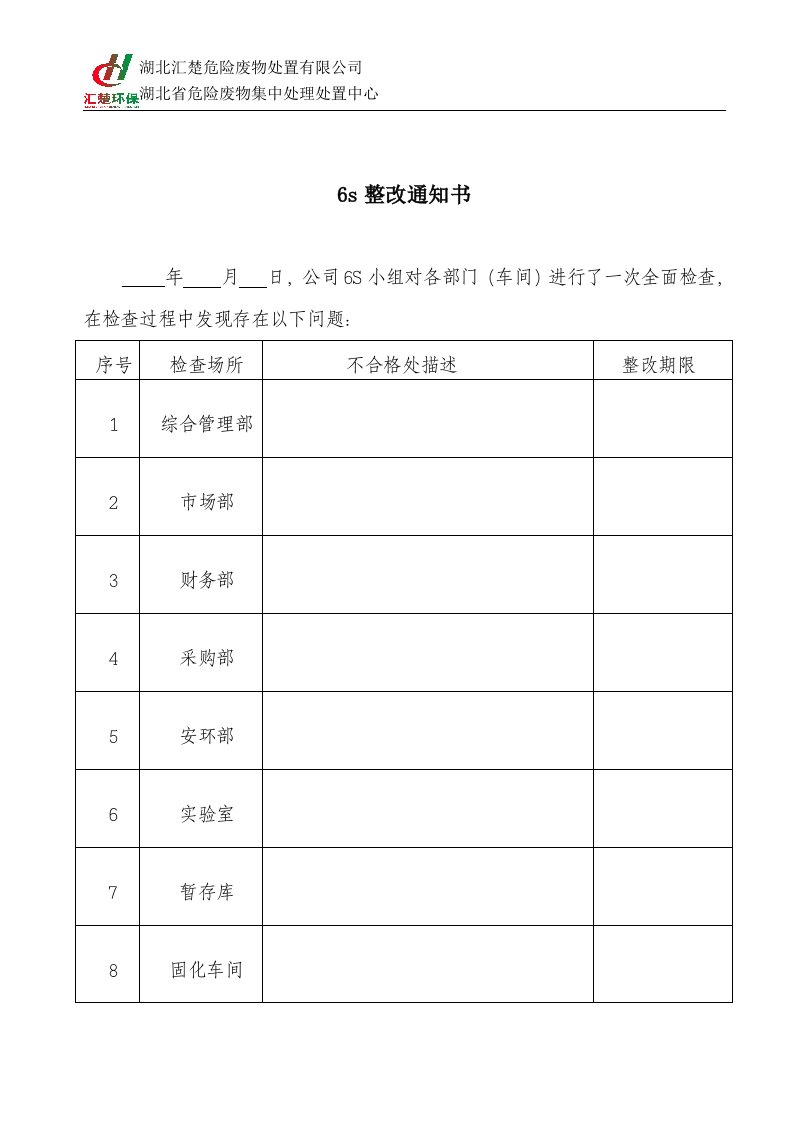 6S整改通知书(样本)