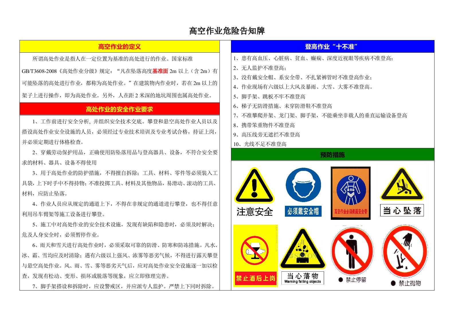 高空作业危险告知牌