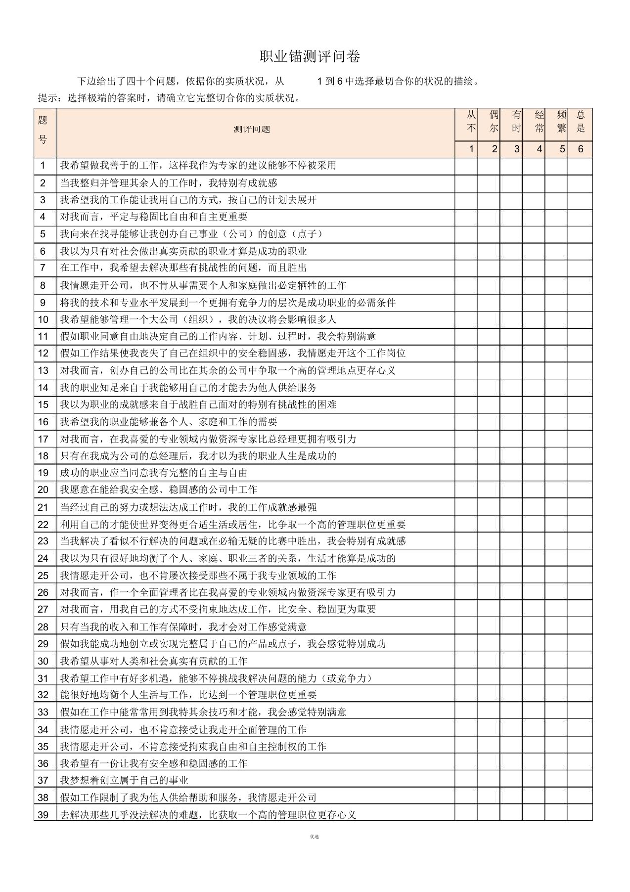 职业锚测评表及解析