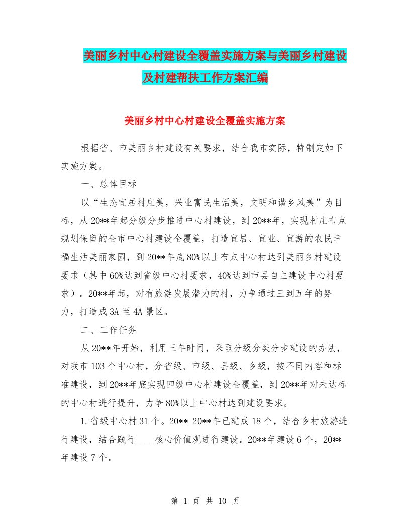 美丽乡村中心村建设全覆盖实施方案与美丽乡村建设及村建帮扶工作方案汇编