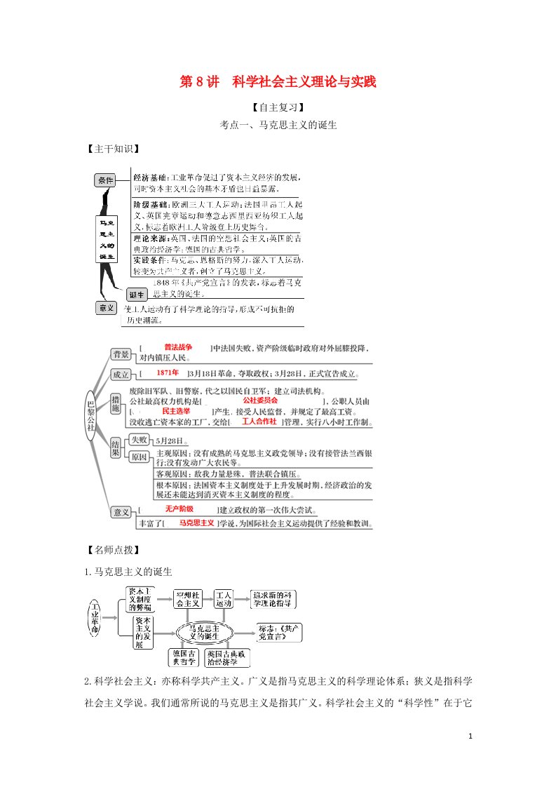 2022年高考历史一轮复习思维导图第二单元西方的政治文明8科学社会主义理论与实践学案新人教版必修1