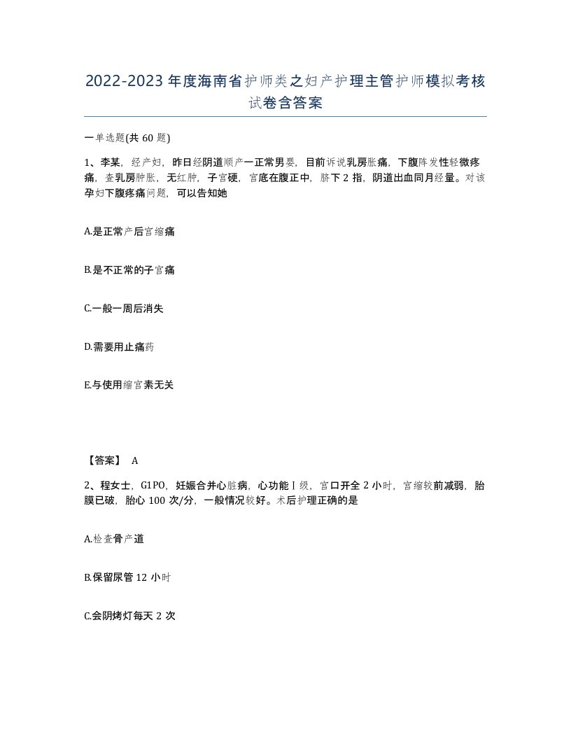 2022-2023年度海南省护师类之妇产护理主管护师模拟考核试卷含答案