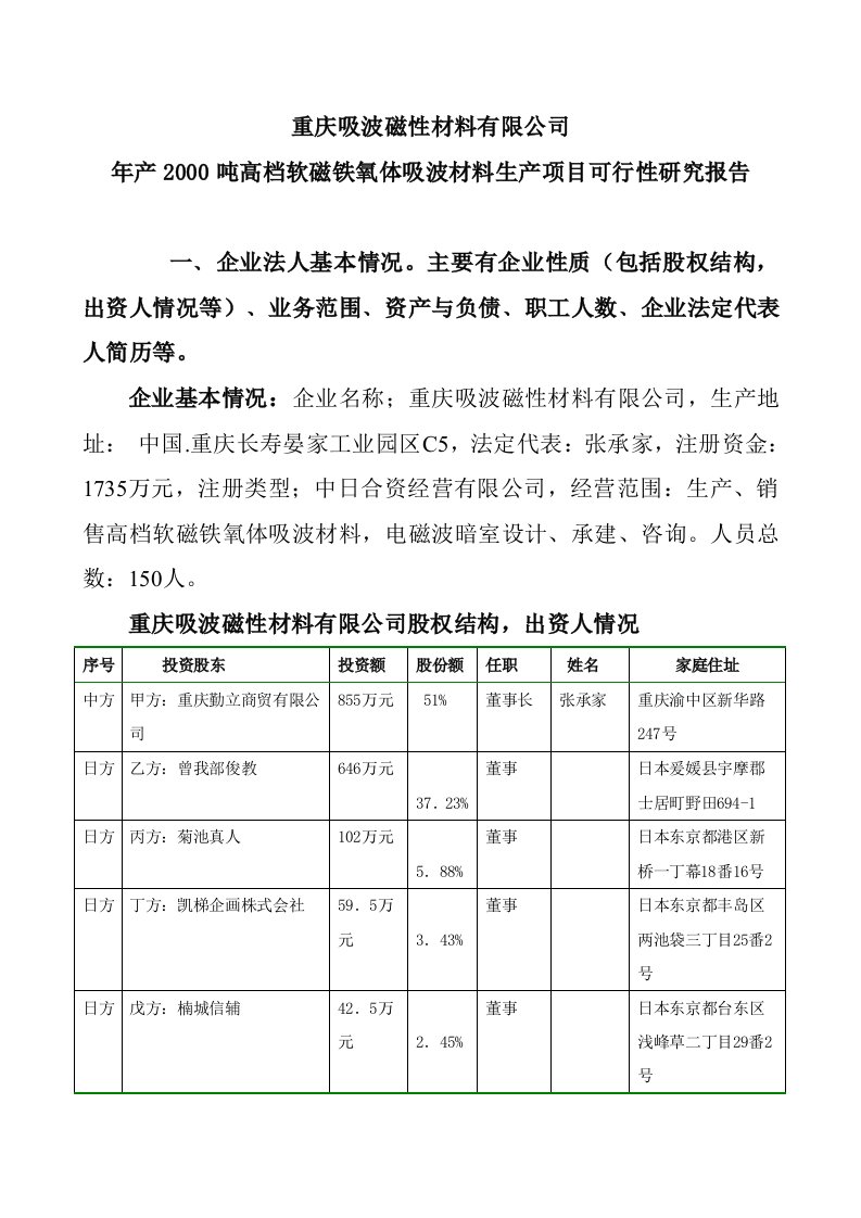 重庆吸波磁性材料有限公司年产2000吨高档软磁铁氧体吸波材料生产项目可行性研究报告