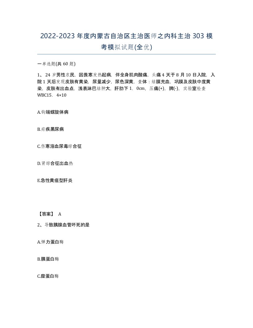 2022-2023年度内蒙古自治区主治医师之内科主治303模考模拟试题全优