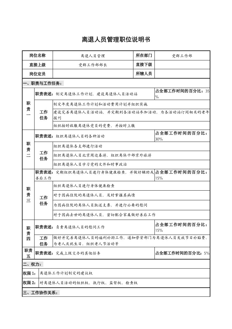 仪器生产企业离退人员管理职位说明书