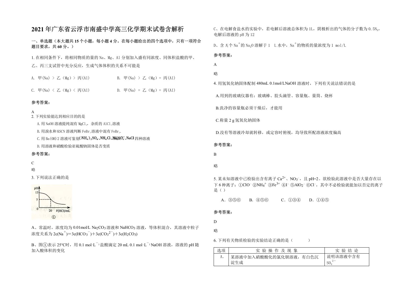 2021年广东省云浮市南盛中学高三化学期末试卷含解析