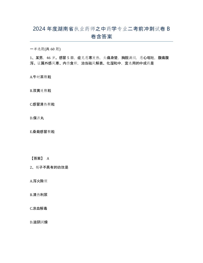 2024年度湖南省执业药师之中药学专业二考前冲刺试卷B卷含答案