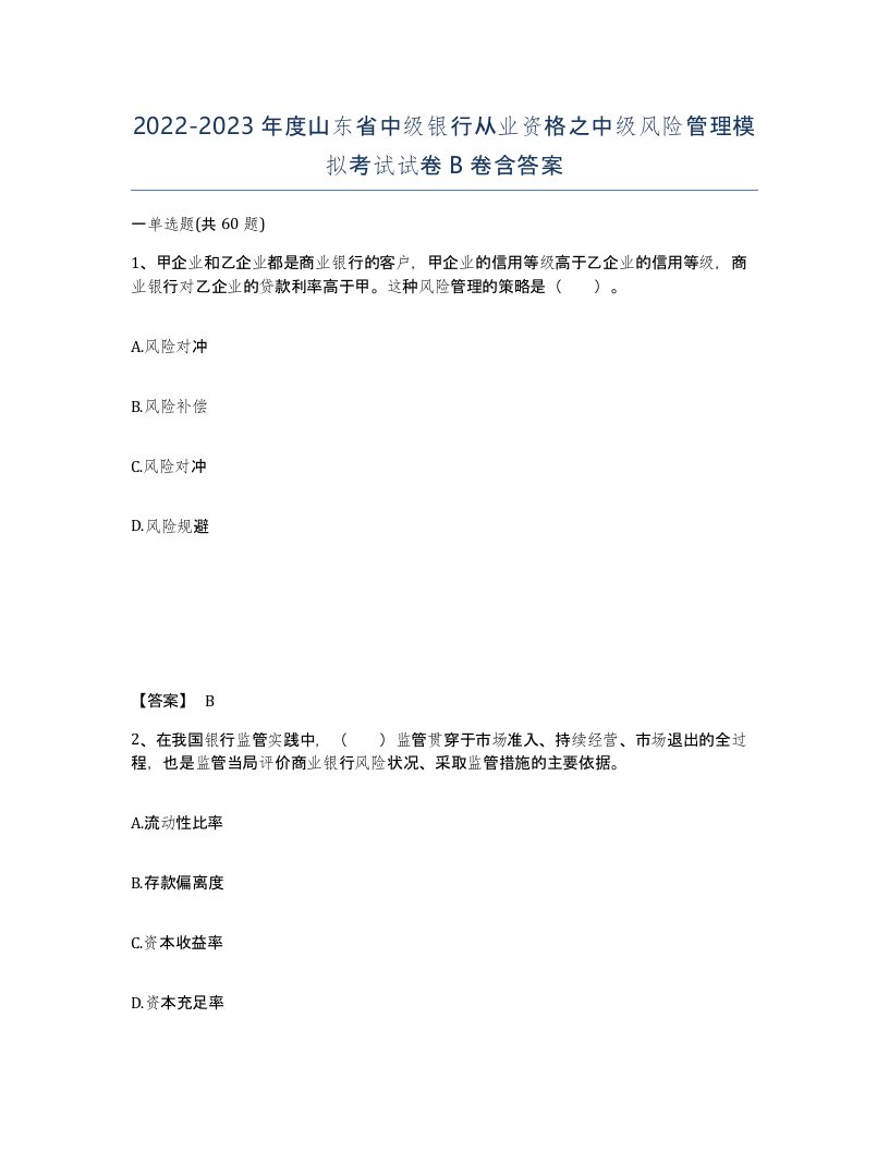 2022-2023年度山东省中级银行从业资格之中级风险管理模拟考试试卷B卷含答案