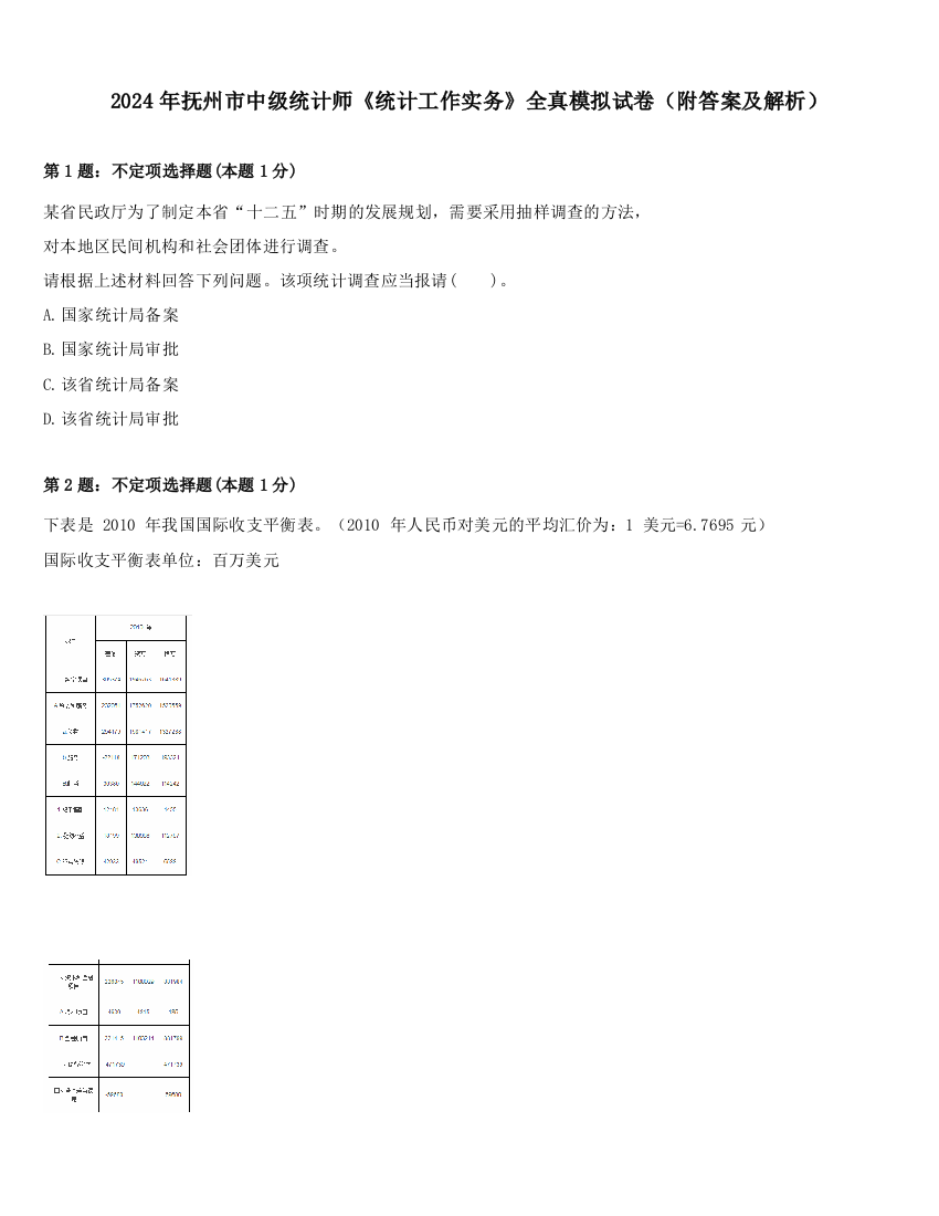 2024年抚州市中级统计师《统计工作实务》全真模拟试卷（附答案及解析）