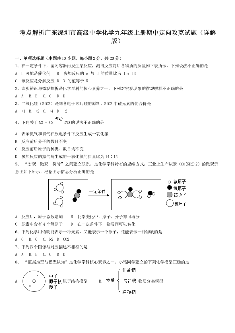 考点解析广东深圳市高级中学化学九年级上册期中定向攻克