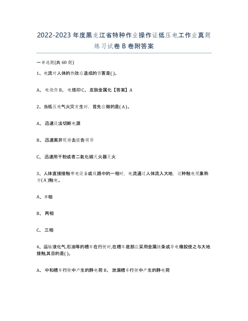 2022-2023年度黑龙江省特种作业操作证低压电工作业真题练习试卷B卷附答案