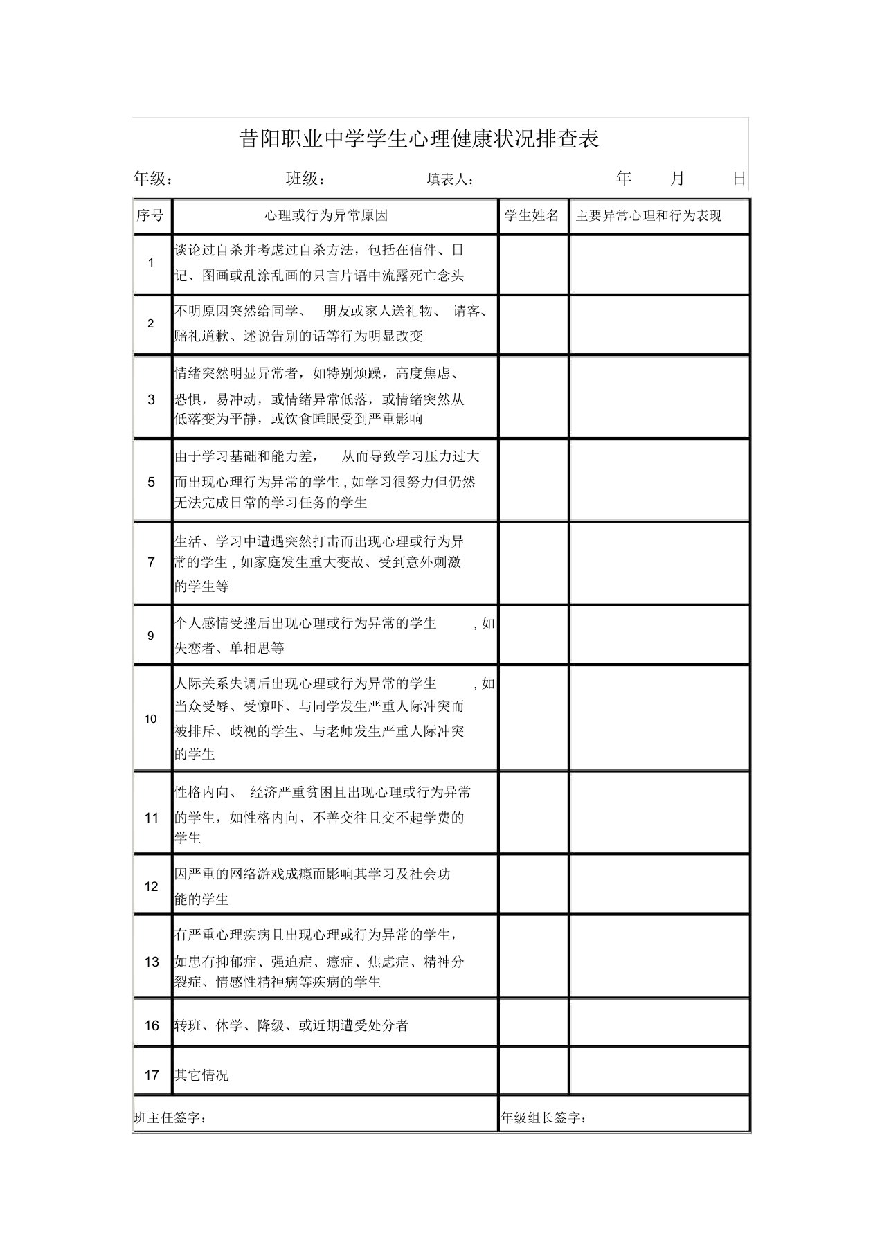 心理健康状况排查表