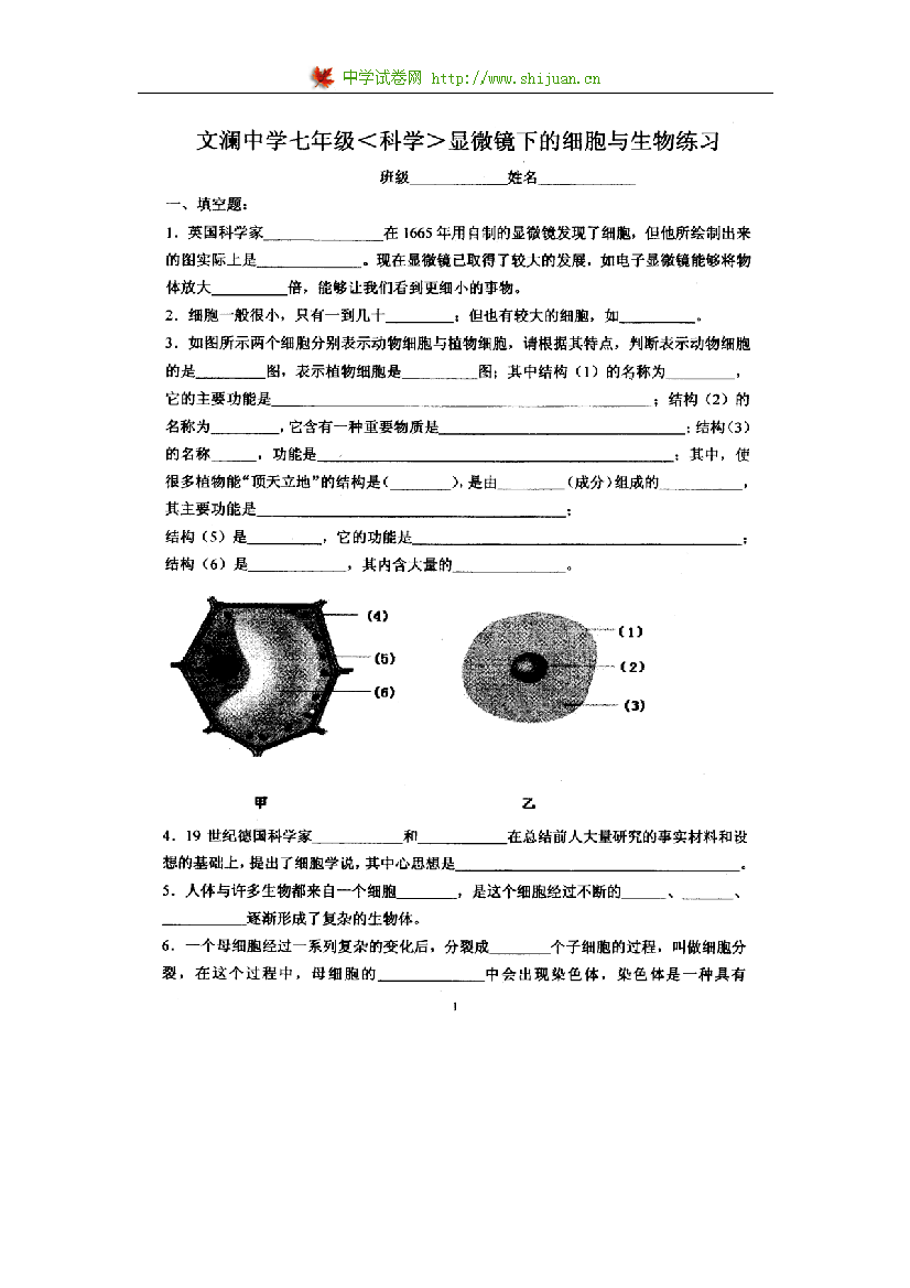 文澜中学浙教版七年级〈科学〉显微镜下的细胞与生物练习