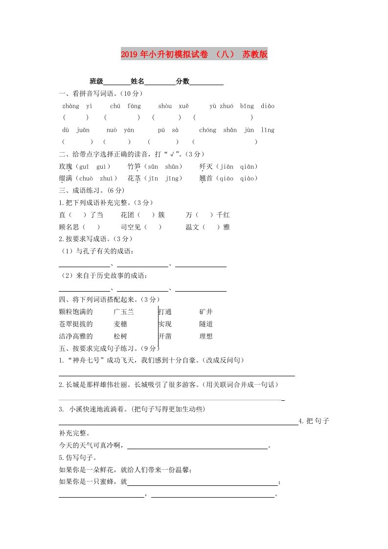 2019年小升初模拟试卷