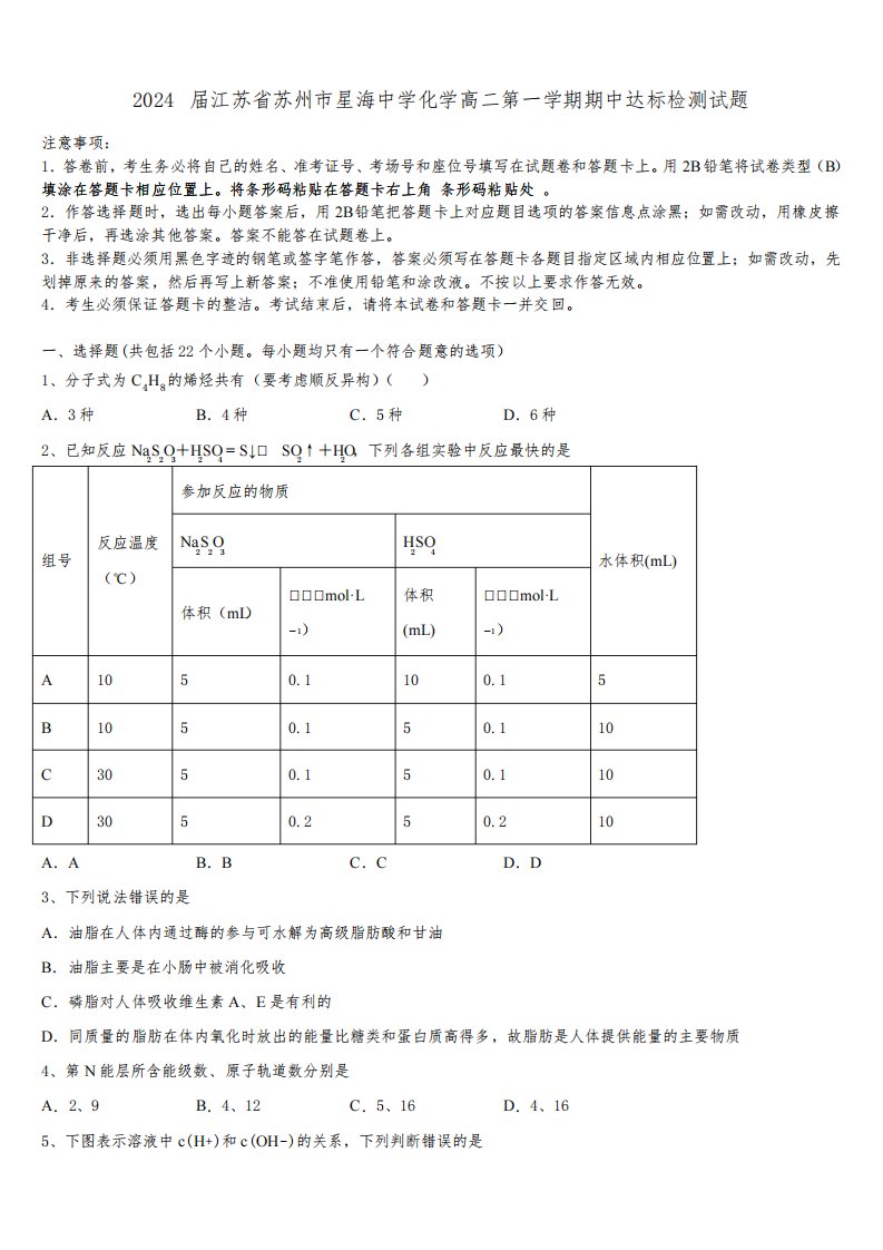 2024届江苏省苏州市星海中学化学高二第一学期期中达标检测试题含解析