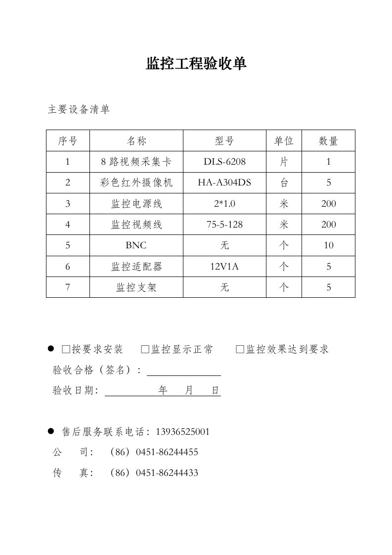 监控工程验收单