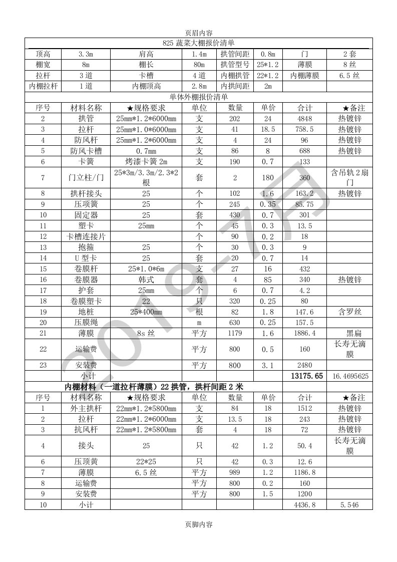 蔬菜大棚报价清单