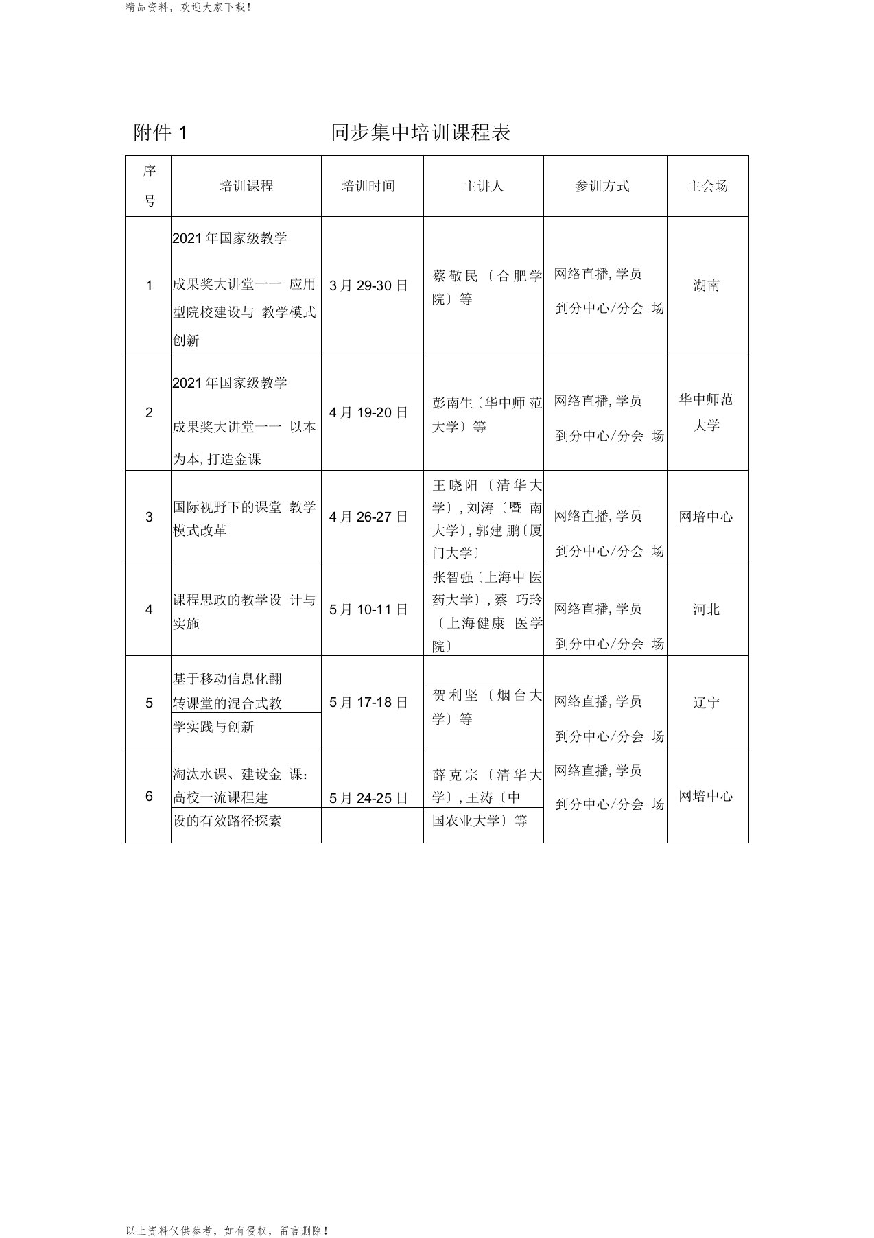 同步集中培训课程表