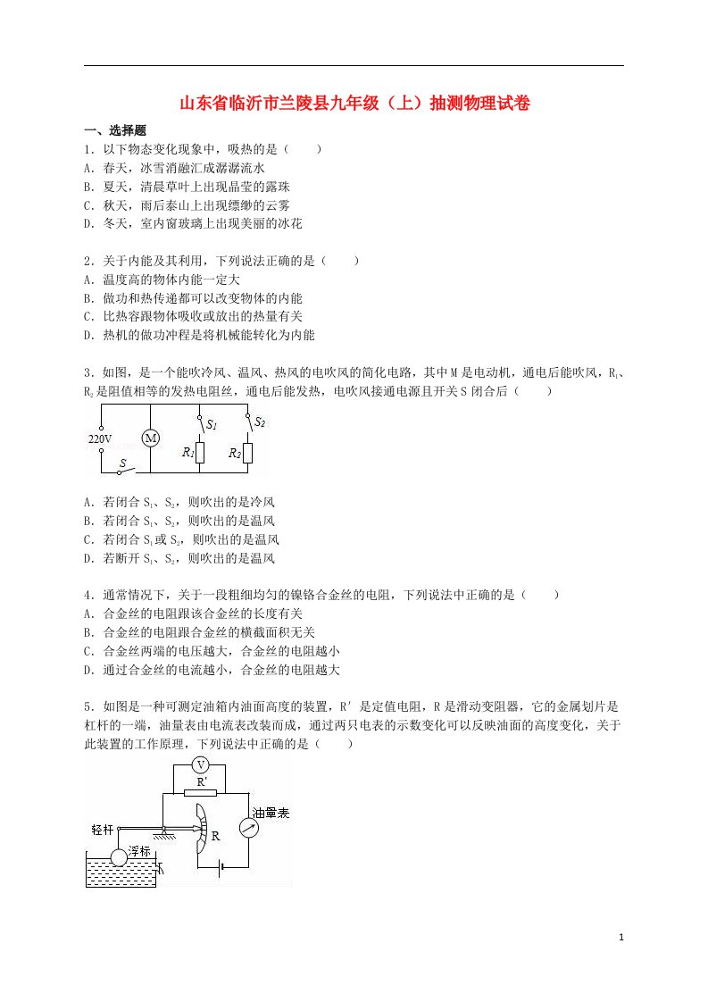 山东省临沂市兰陵县九级物理上学期抽测试题（含解析）