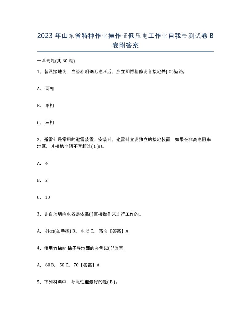 2023年山东省特种作业操作证低压电工作业自我检测试卷B卷附答案