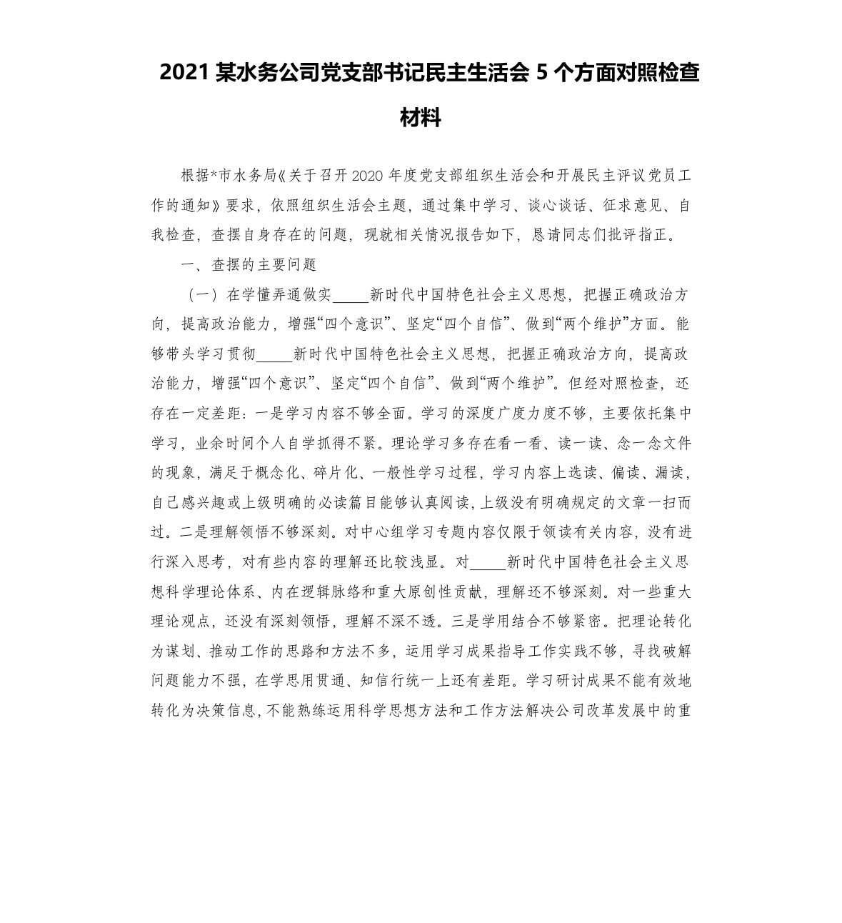 2021某水务公司党支部书记民主生活会5个方面对照检查材料