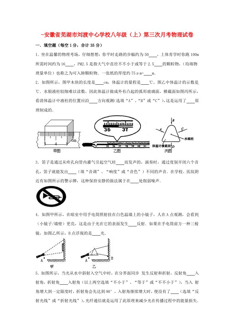 安徽省芜湖市刘渡中心学校-八年级物理上学期第三次月考试卷（含解析）新人教版