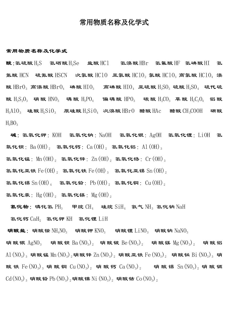 常用物质名称及化学式