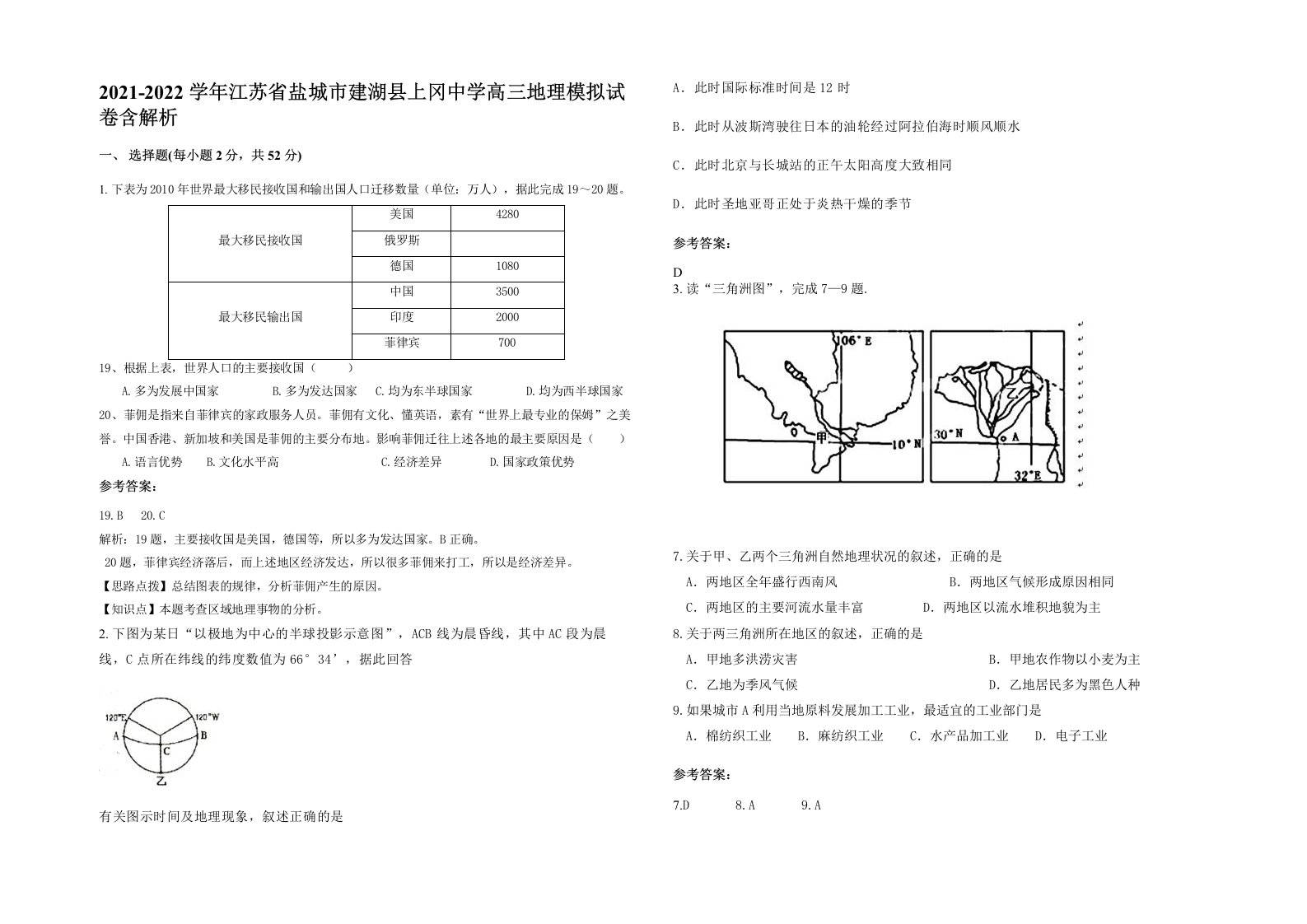 2021-2022学年江苏省盐城市建湖县上冈中学高三地理模拟试卷含解析