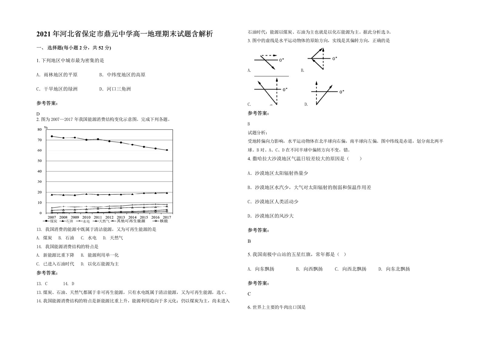 2021年河北省保定市鼎元中学高一地理期末试题含解析