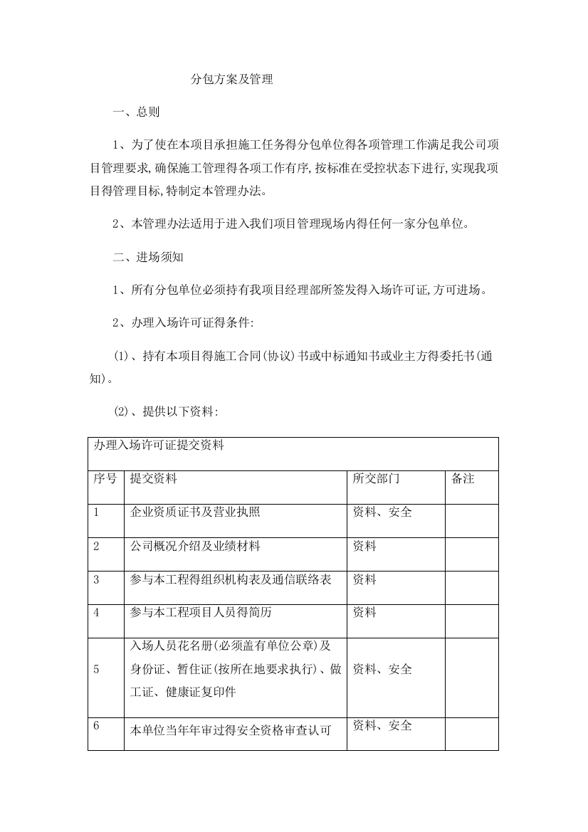 分包方案及管理