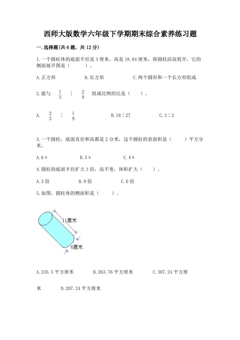 西师大版数学六年级下学期期末综合素养练习题精品【历年真题】