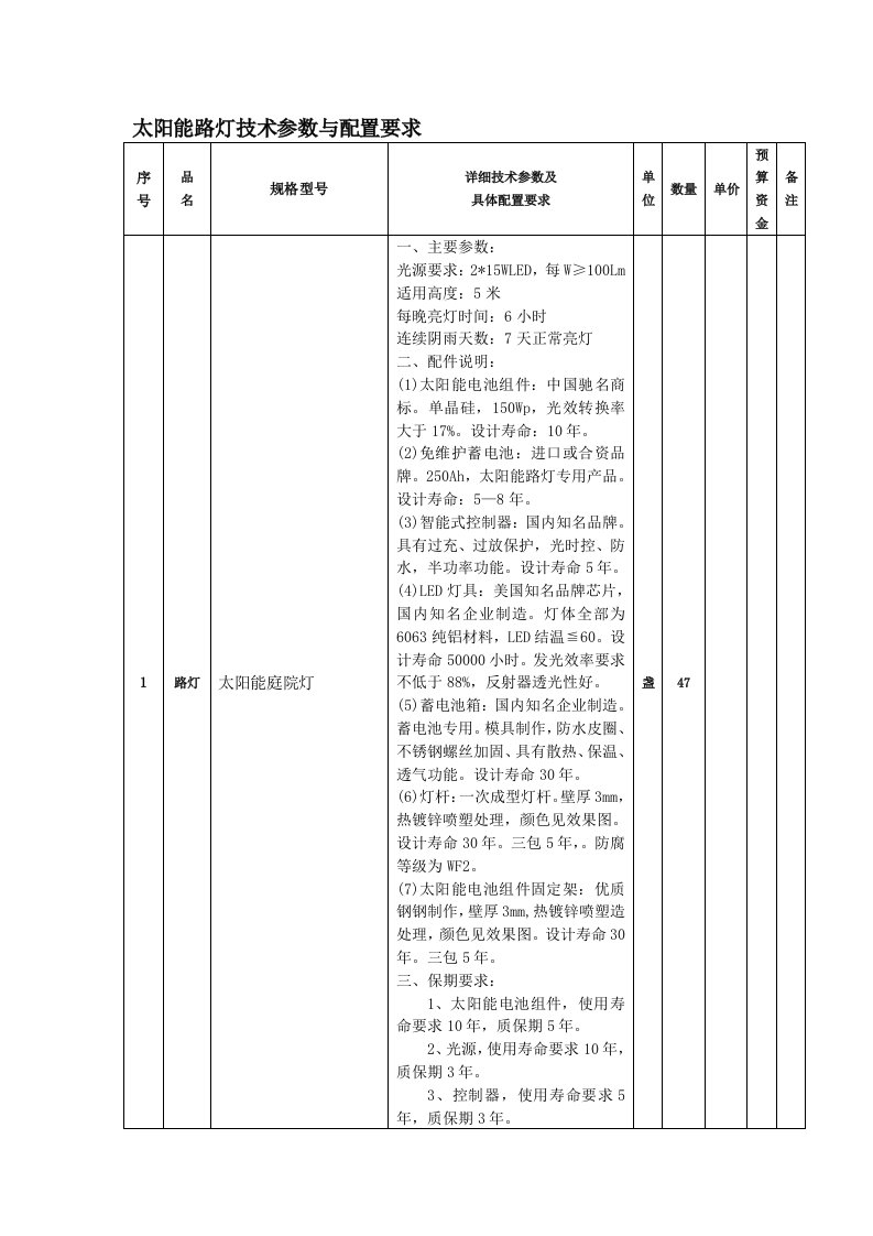 太阳能路灯技术参数与配置要求