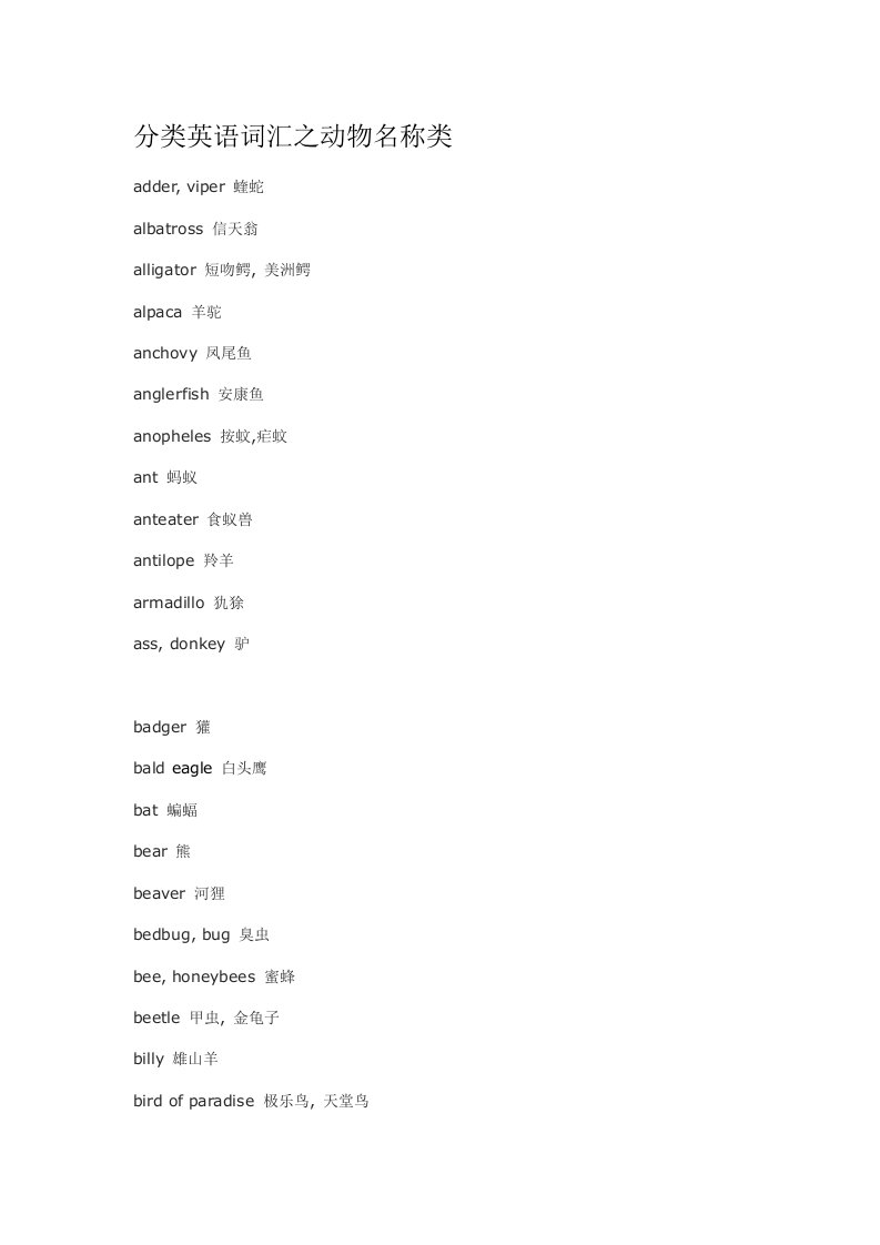 英语分类词汇-动物名称类