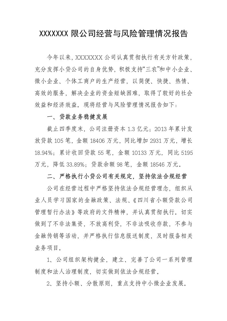 小额贷款公司经营与风险管理情况报告