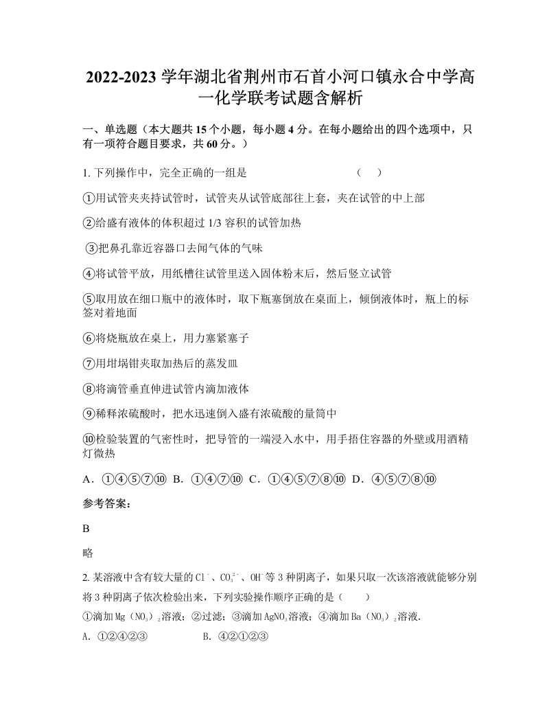 2022-2023学年湖北省荆州市石首小河口镇永合中学高一化学联考试题含解析