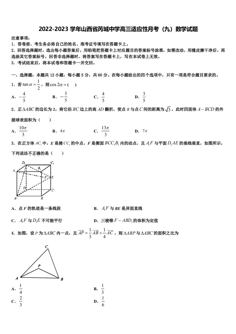 2022-2023学年山西省芮城中学高三适应性月考（九）数学试题