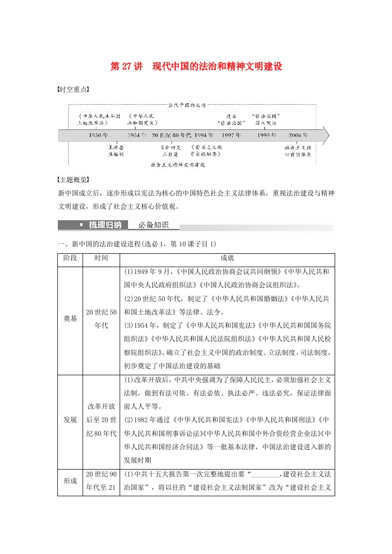 浙江专用新教材2024届高考历史一轮复习学案第三部分现代中国第十单元第27讲现代中国的法治和精神文明建设