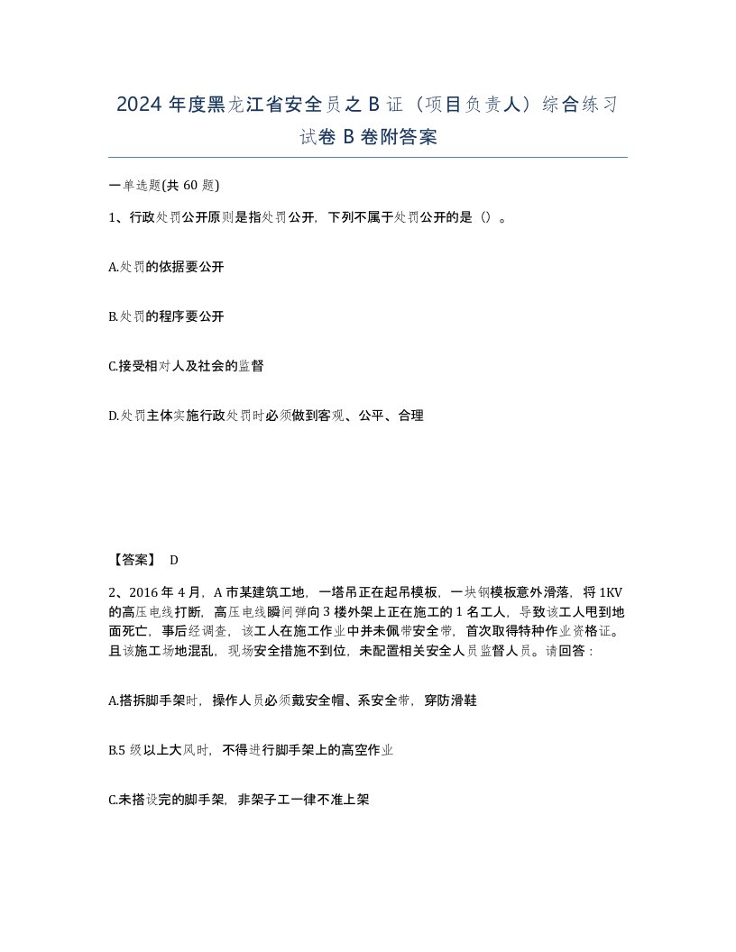 2024年度黑龙江省安全员之B证项目负责人综合练习试卷B卷附答案