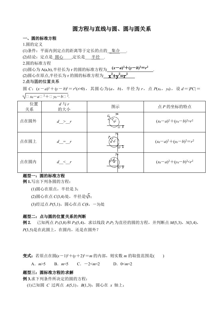 高一数学必修2圆方程与直线与圆、圆与圆关系