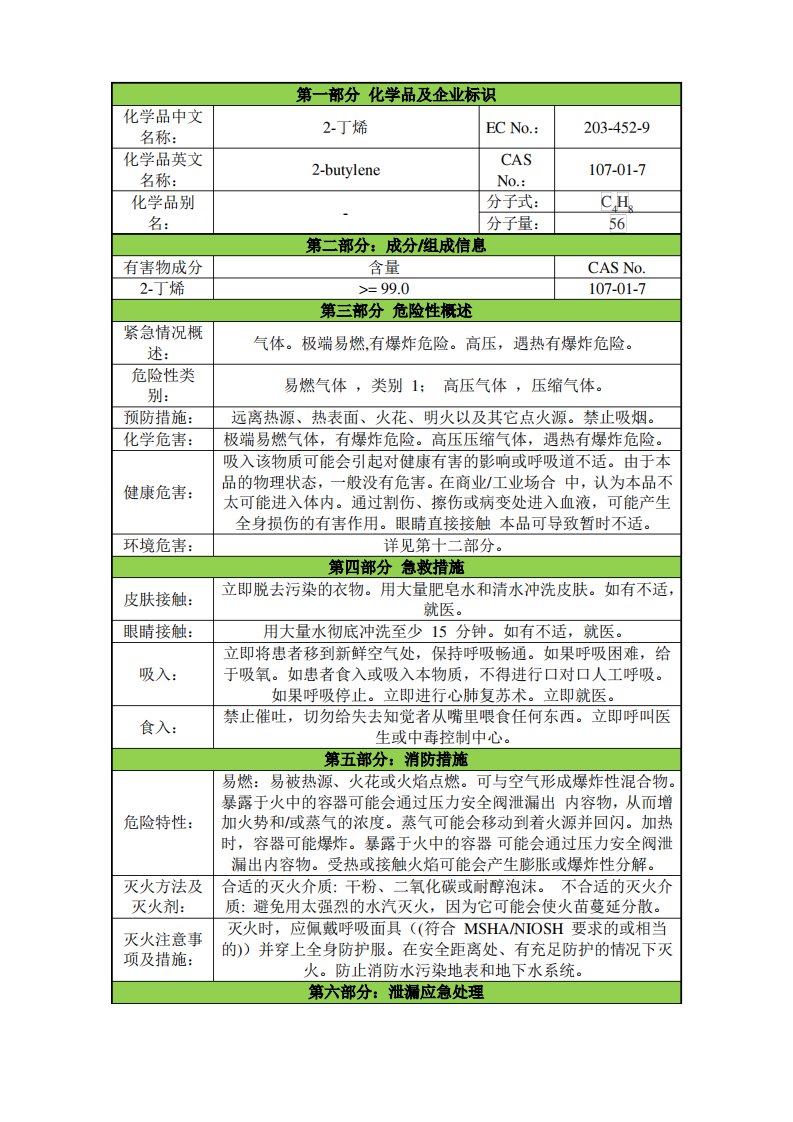 2-丁烯安全技术说明书msds