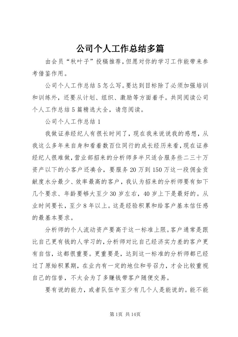 公司个人工作总结多篇