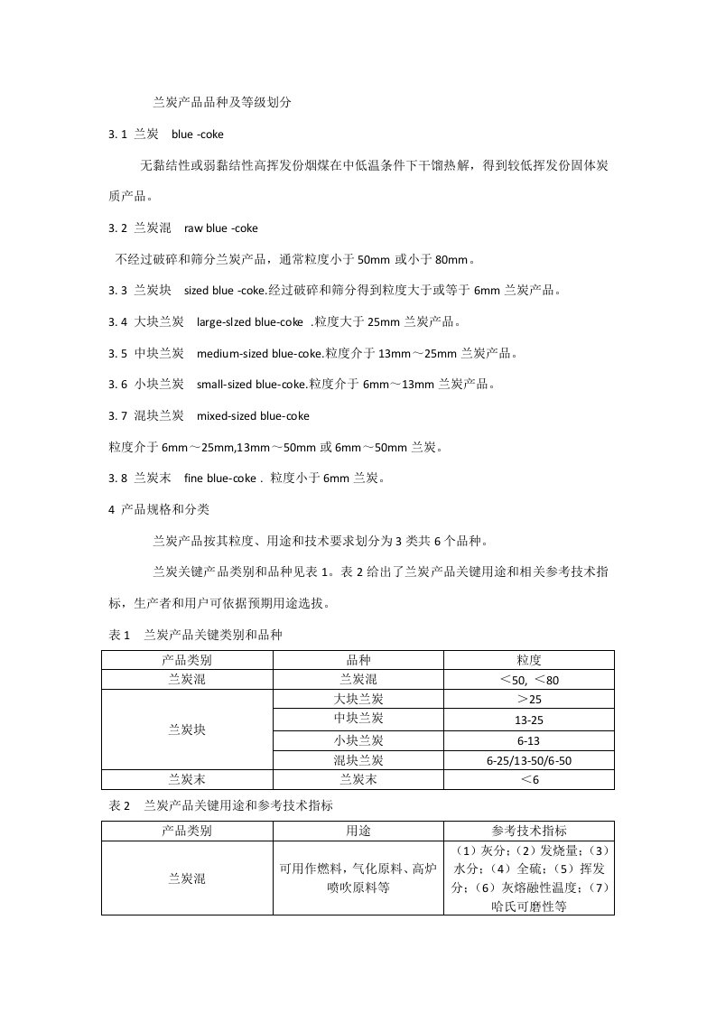 兰炭技术指标