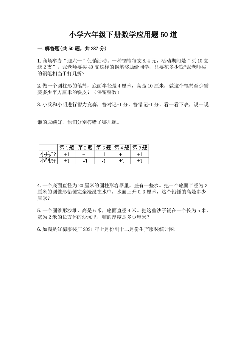 小学六年级下册数学应用题50道精品【名师系列】